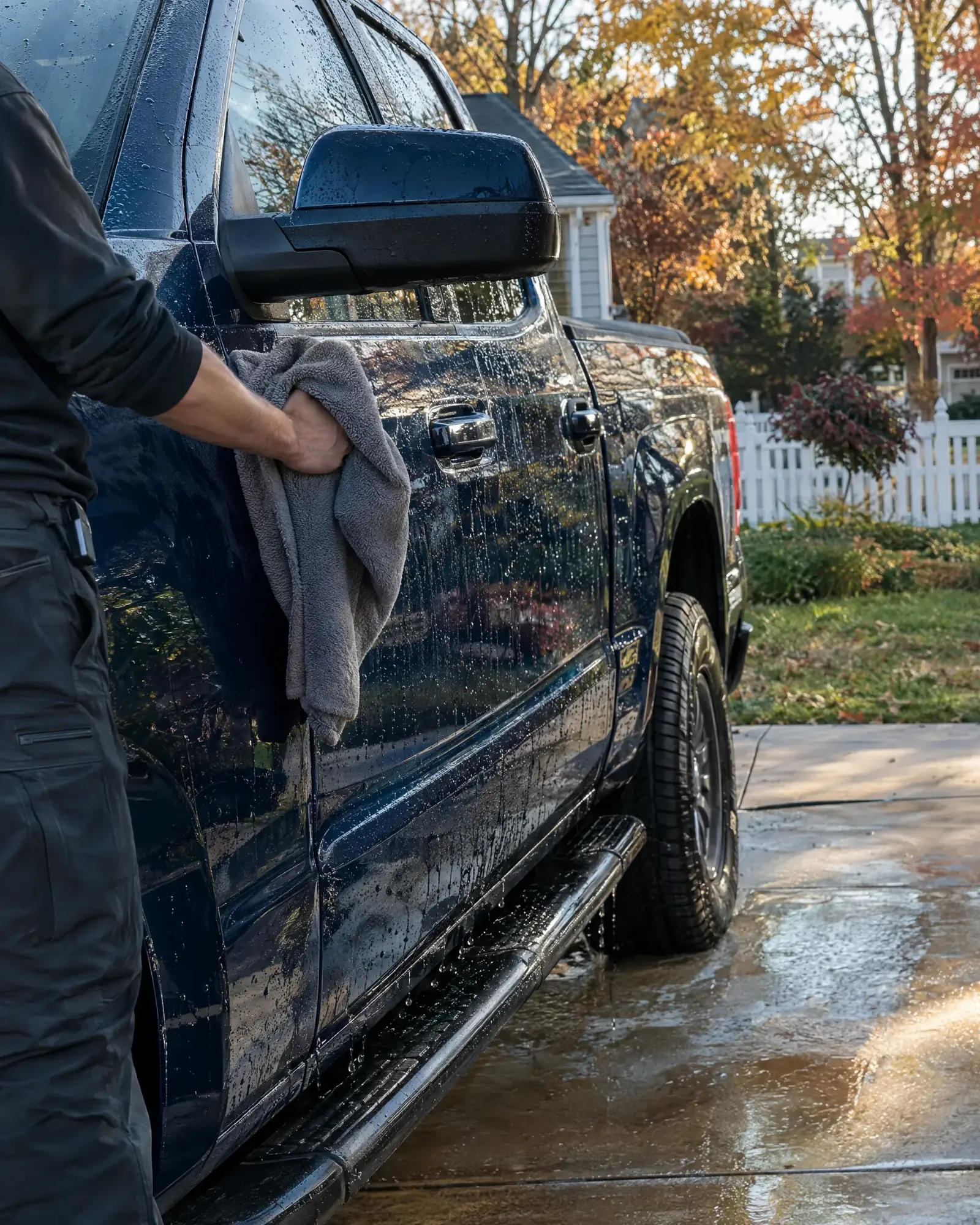 Detailer hand drying a blue pickup truck in a suburban Maryland driveway