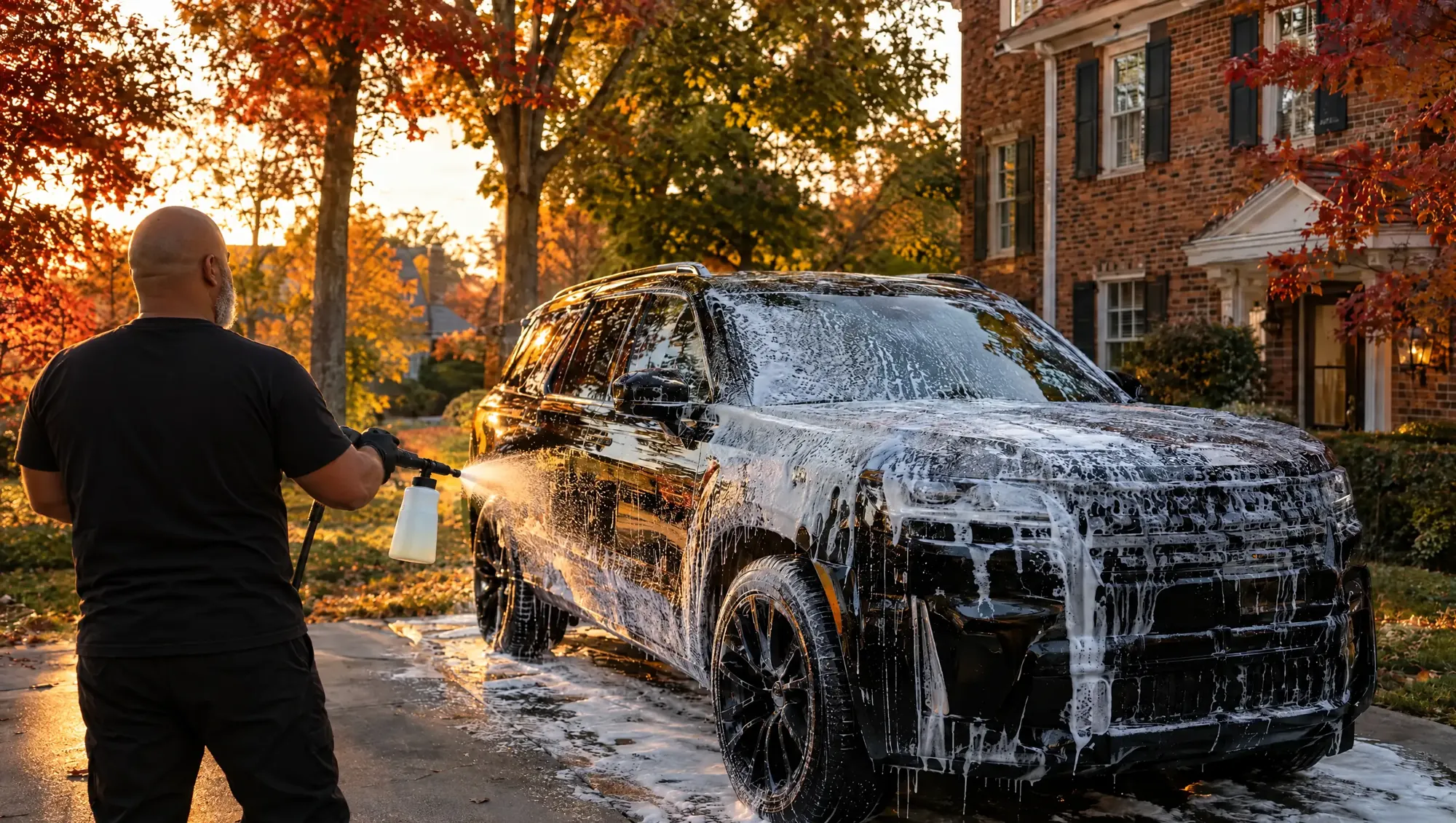 Detailer foaming a black SUV in the driveway of a brick colonial home in Baltimore County