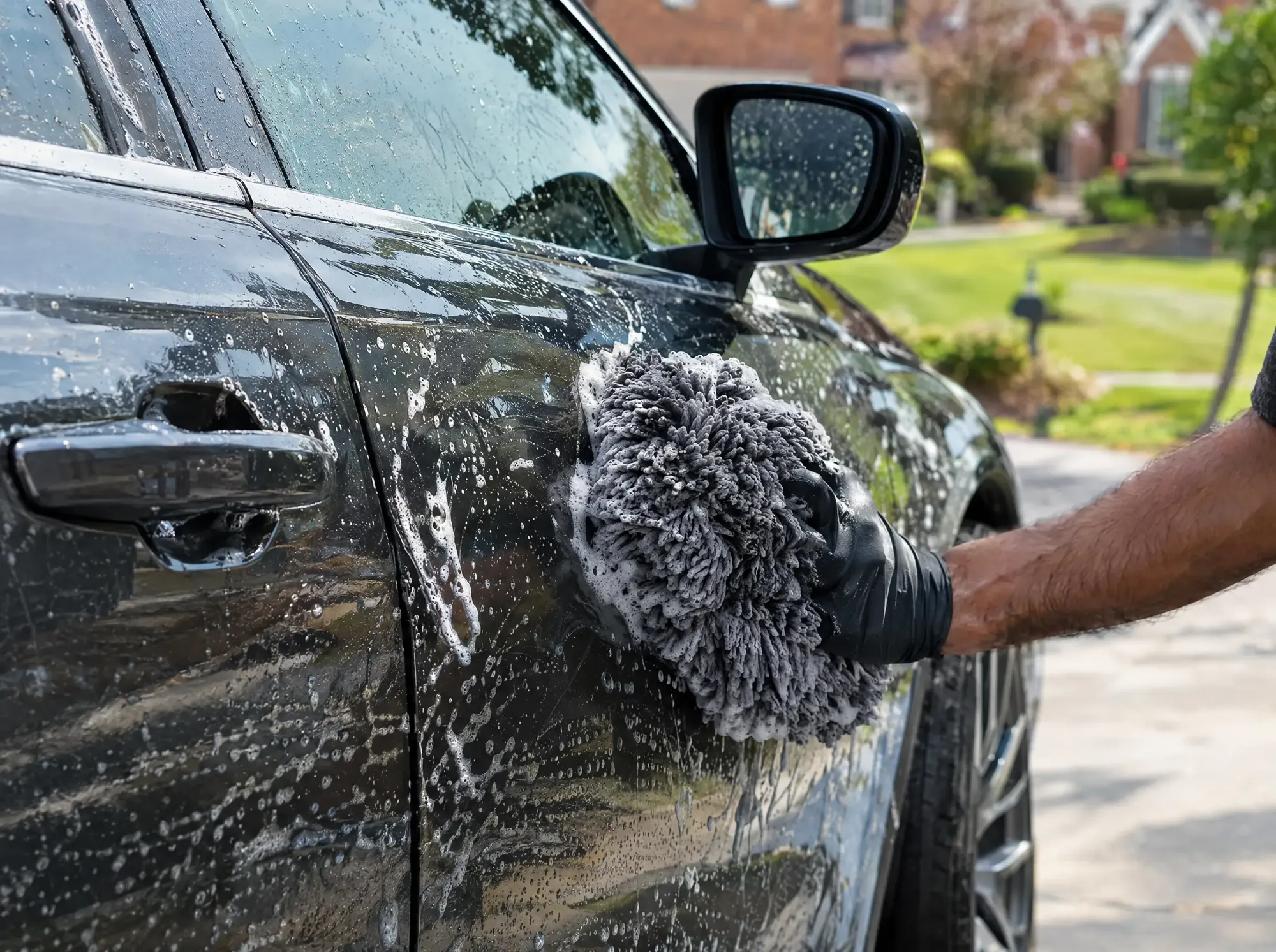 Gloved hand washing a soapy gray sedan with a microfiber mitt in a Maryland driveway