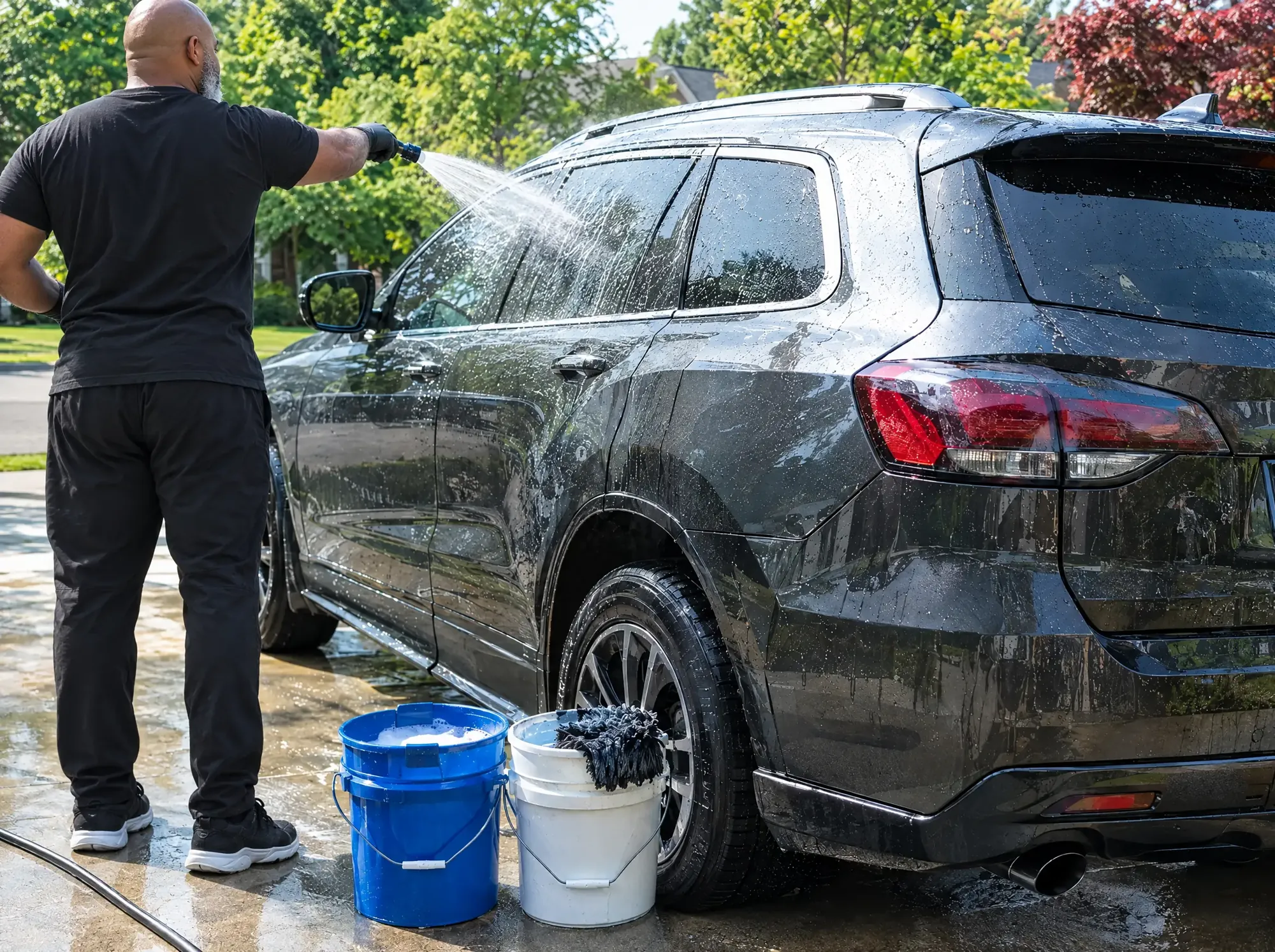 Maintenance wash on a clean SUV in a suburban driveway