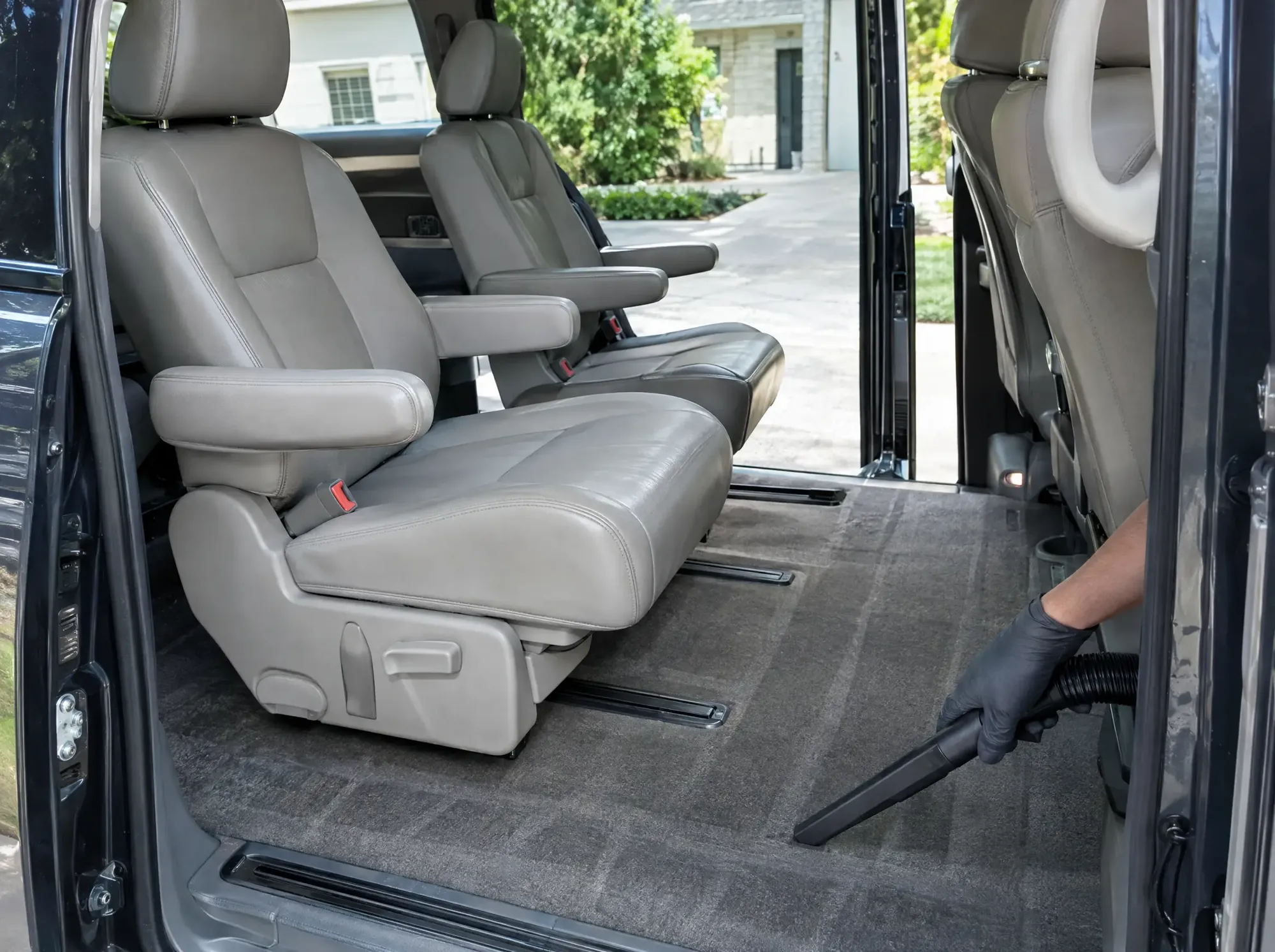 Freshly vacuumed minivan carpet and second-row seats