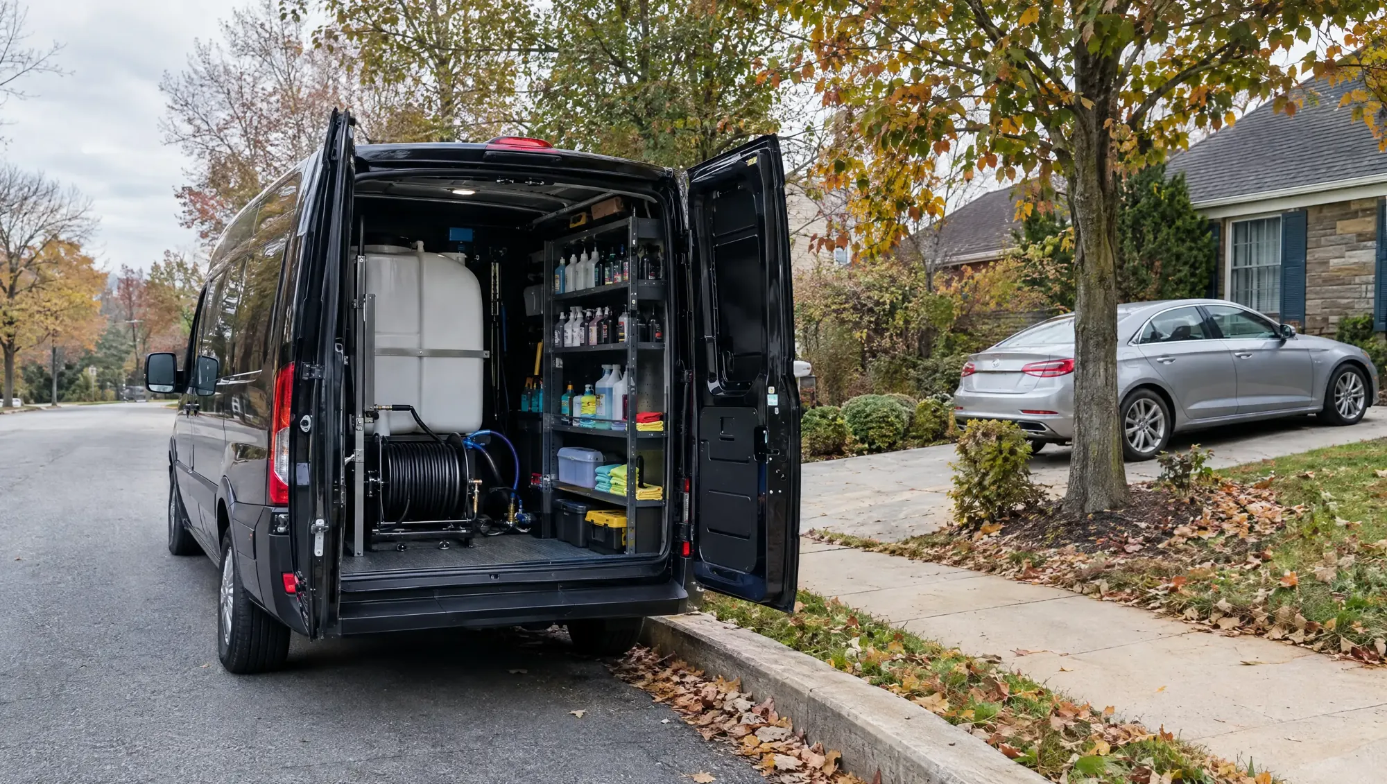 Mobile detailing van parked on a tree-lined street in Pikesville