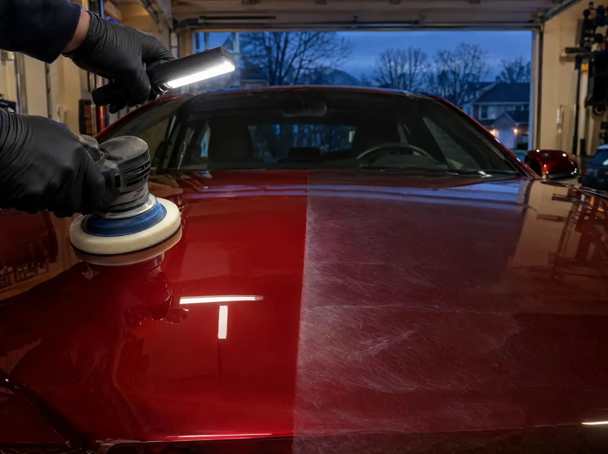 Dual-action polisher correcting swirls on a red car hood under an inspection light